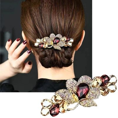 1 Count Large Premium Hair Barrettes for Elegant Women Crystal Rhinestones Hair Clips for Professional Ladies French Flowers Barrettes Spring Hair Barrettes (Red)