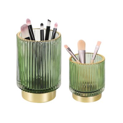 Fvstar Green Makeup Brush Holder for Vanity, Glass Makeup Organizer Cup, Gold Toothbrush Holders, Pen Holder for Desktop, Vintage Brushes Storage Organizer for Paint Brush, Pen, Pencil, Eyeliner