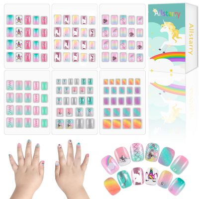 Allstarry 132pcs Kids Press on Nails, Pre-glue Glitter Kid Fakenail Set
