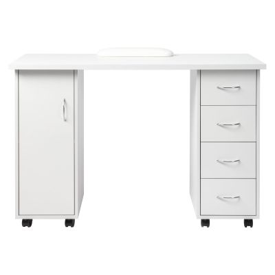 Goujxcy Rolling Nail Table Manicure Table Nail Desk Station, Beauty Salon Nail Station Desk Nail Art Equipment with 4 Drawers & Large Cabinet & Wrist Rest,White