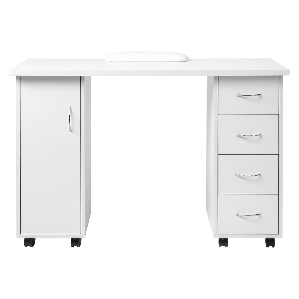 Goujxcy Rolling Nail Table Manicure Table Nail Desk Station, Beauty Salon Nail Station Desk Nail Art Equipment with 4 Drawers & Large Cabinet & Wrist Rest,White