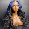 13x4 Highlight Blue Colored HD Invisible Lace Frontal Wig Body Wave Human Hair for Black Women Pre Plucked Natural Hairline Bleached Knots Brazilian Remy Hair With Baby Hair 150% Density 24 Inch view 3
