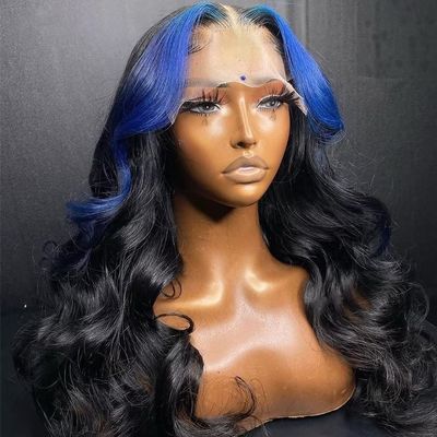 13x4 Highlight Blue Colored HD Invisible Lace Frontal Wig Body Wave Human Hair for Black Women Pre Plucked Natural Hairline Bleached Knots Brazilian Remy Hair With Baby Hair 150% Density 18 Inch