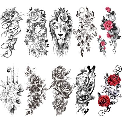 10 Sheet Rose Flower Realistic Temporary Tattoo For Women Arm Thigh, Large Sexy Snake Lion Butterfly Floral Fake Tattoos Stickers Adult Girl, Mix Color Long Lasting Temp Tatoo Leg Chest Waist Body Art