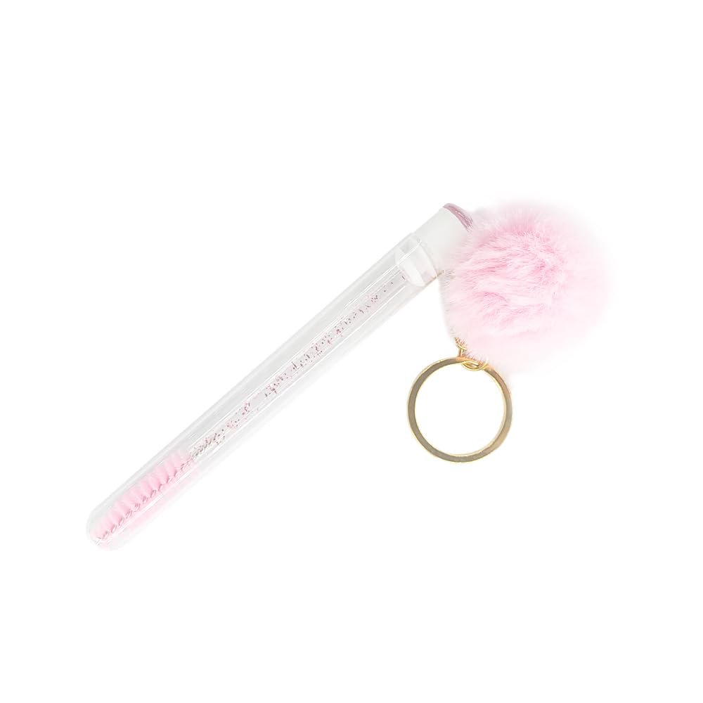 10Pcs Tube Eyelash Eyebrow Brush With Gold Keychain Fur Ball Glitter Mascara Wand For Lash Extension Makeup Tool Cleaning brush Mascara with tube case (pink)