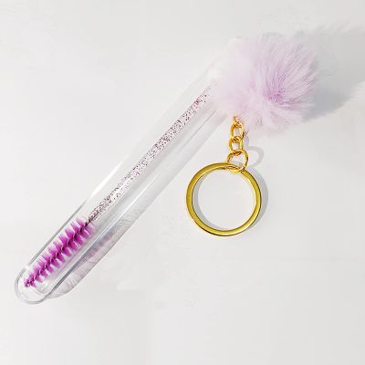 10Pcs Tube Eyelash Eyebrow Brush With Gold Keychain Fur Ball Glitter Mascara Wand For Lash Extension Makeup Tool Cleaning brush Mascara with tube case (purple)