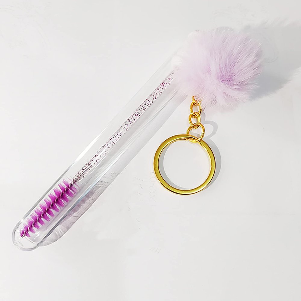 10Pcs Tube Eyelash Eyebrow Brush With Gold Keychain Fur Ball Glitter Mascara Wand For Lash Extension Makeup Tool Cleaning brush Mascara with tube case (purple)