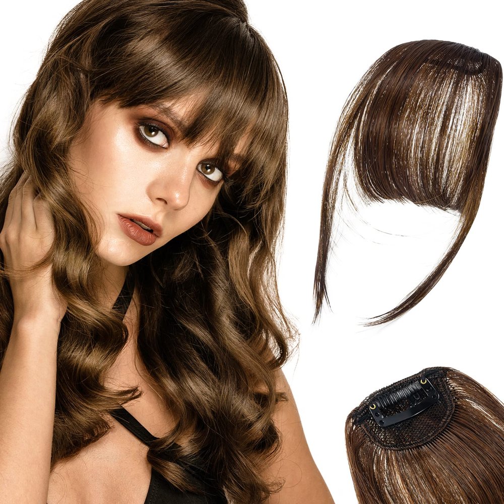 2Pcs Bangs Hair Clip in Extensions, French Hair Bangs Fringe Hair Extension One Piece Clip on Front Bangs Hairpiece Forehead Topper, Clip in Fringe Wigs Synthetic for Girls Women, Fashion Light Brown
