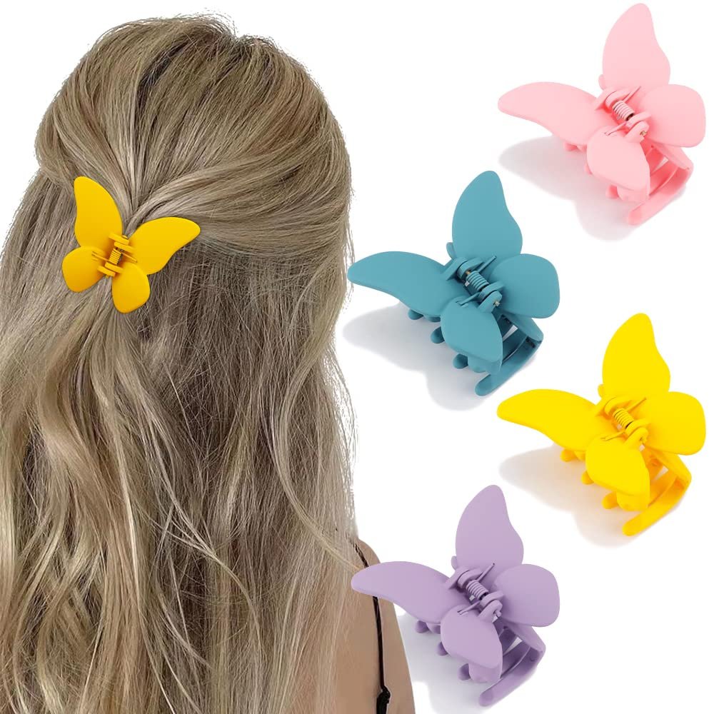 ATODEN Butterfly Hair Clips - 4 Pcs Cute Non-Slip Clamps with Strong Grip for Women and Girls, 2.6" Matte Jaw Clips for Thin and Medium Hair Accessories