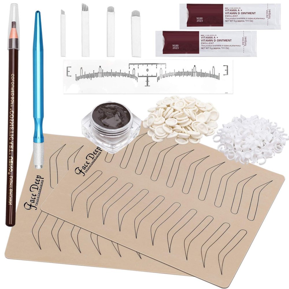 Fenshine Eyebrow Practice Kit with Blades Pigment Practice Skin Eyebrow Ruler Repair Gel Ring Cup Finger Gloves Pencil