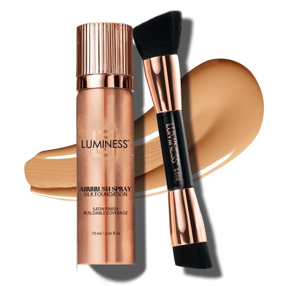 LUMINESS Silk Airbrush Spray Foundation & Buffing Brush Kit Full Coverage Foundation & Dual-Sided Buffing Brush - Buildable Coverage, Anti-Aging Formula Hydrates & Moisturizes (Shade - Medium)