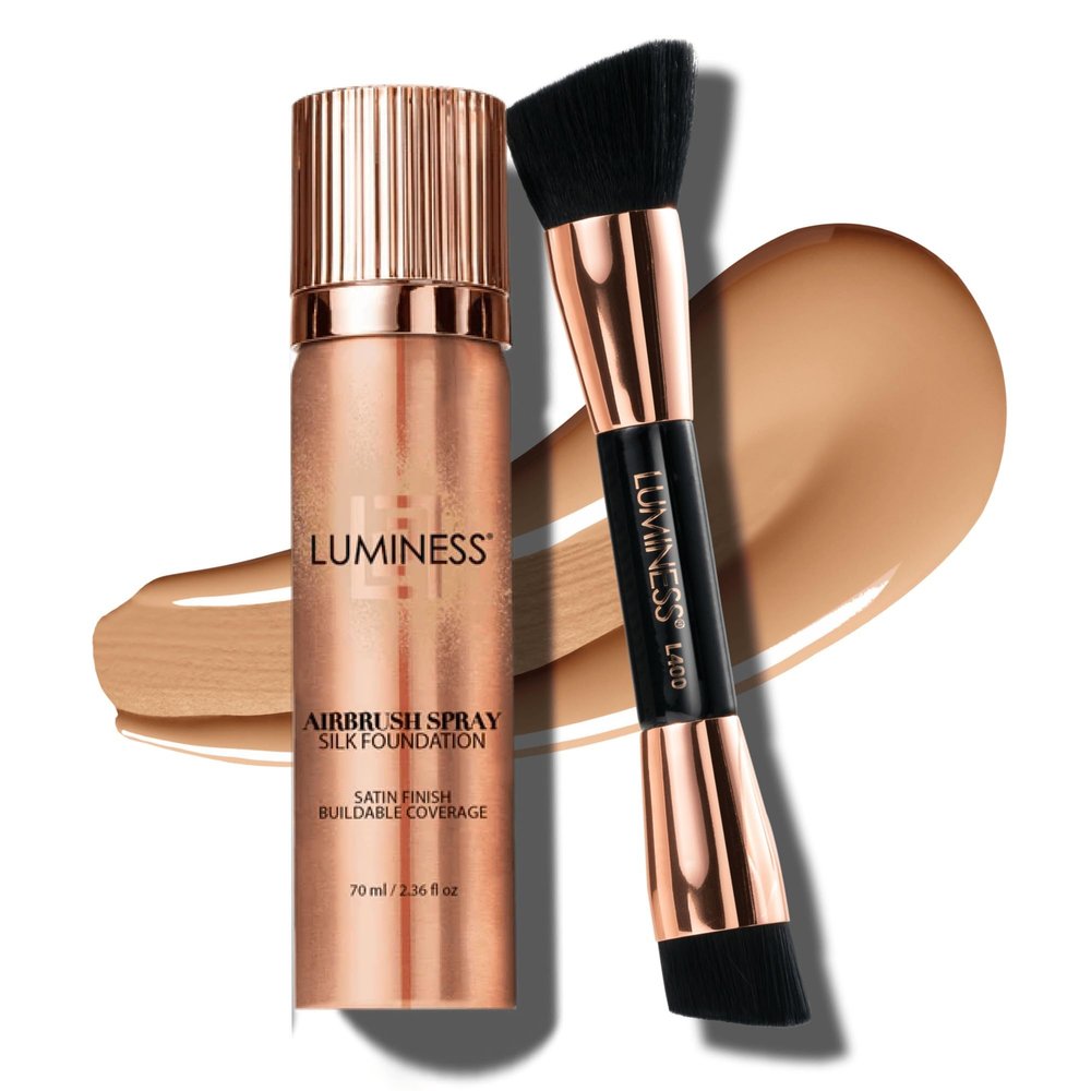 LUMINESS Silk Airbrush Spray Foundation & Buffing Brush Kit Full Coverage Foundation & Dual-Sided Buffing Brush - Buildable Coverage, Anti-Aging Formula Hydrates & Moisturizes (Shade - Medium Warm)