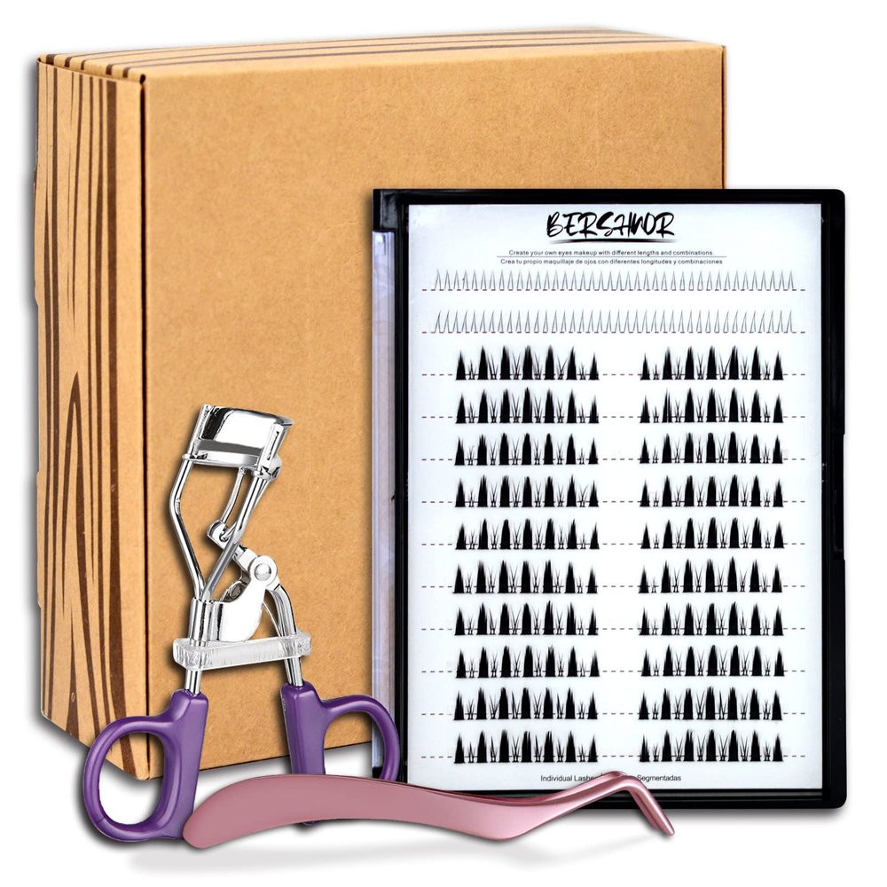Bershnor Spiky Dramatic Individual Lashes, Dolly Eye Cluster Eyelash Extensions with Eyelash Curler and Tweezers, Include Bottom Lashes