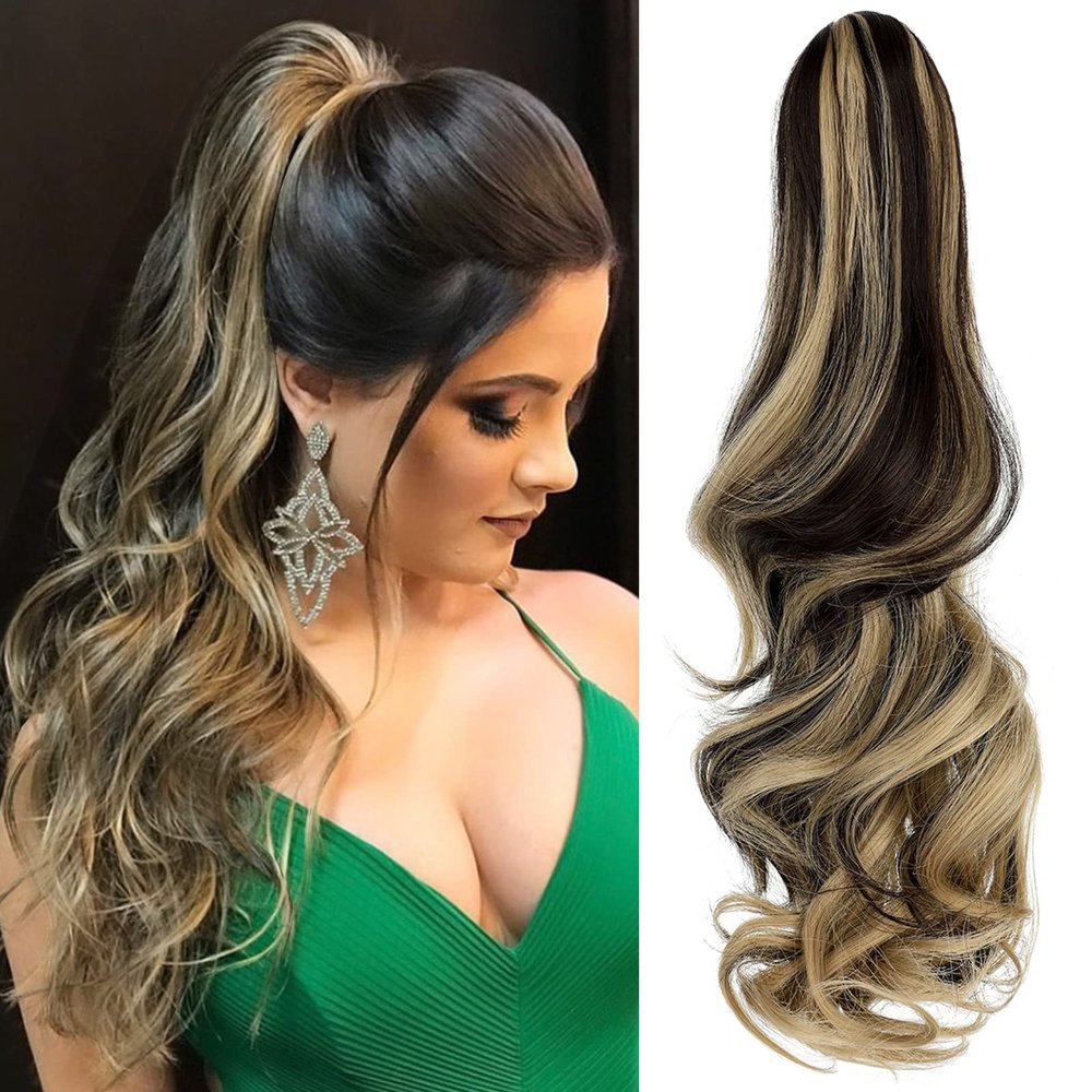 Leterly Ponytail Extension Clip in Claw 18" Curly Wavy Pony Tails Clip-on Long Hairpiece Jaw for Women Ash Blonde Mix Brown