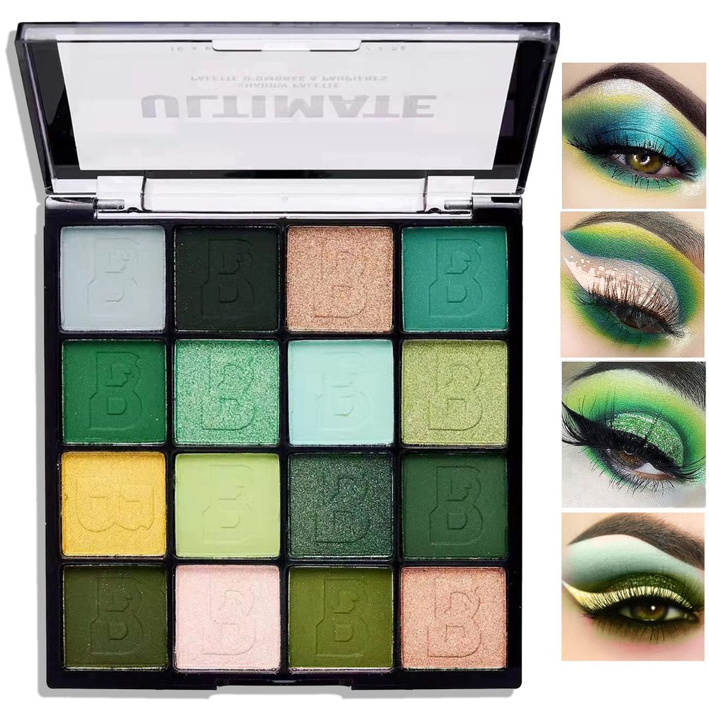 Green Eyeshadow Palette,16 Colors Shimmer Matte Eye Shadow Palette Highly Pigmented Long Wear Waterproof Eyeshadow Makeup Palette Professional Colorful Glitter Eye Shadow Powder Palet Eye Makeup