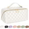 ALEXTINA Large Capacity Travel Cosmetic Bag - Travel Makeup Bags for Women Waterproof PU Leather Checkered Makeup Organizer Bag with Dividers and Handle,Toiletry Bag for Cosmetics, White view 1