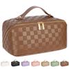 Large Capacity Travel Cosmetic Bag - Portable Makeup Bags for Women Waterproof PU Leather Checkered Makeup Organizer Bag with Dividers and Handle,Toiletry Bag for Cosmetics, Brown view 1