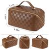 Large Capacity Travel Cosmetic Bag - Portable Makeup Bags for Women Waterproof PU Leather Checkered Makeup Organizer Bag with Dividers and Handle,Toiletry Bag for Cosmetics, Brown view 3