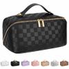 ALEXTINA Large Capacity Travel Cosmetic Bag - Portable Makeup Bags for Women Travel Toiletry Bag Waterproof Leather Checkered Makeup Organizer Bag, Roomy Cosmetic Bag for Women and Girls, Black view 1