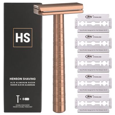 Henson Shaving Razor - Copper Double Edge Safety Razor with 5 Spare Blades - 30 Angled Precision With Superior Blade Rigidity- Reusable Single Blade Razors For Men and Women - Mild Aggression