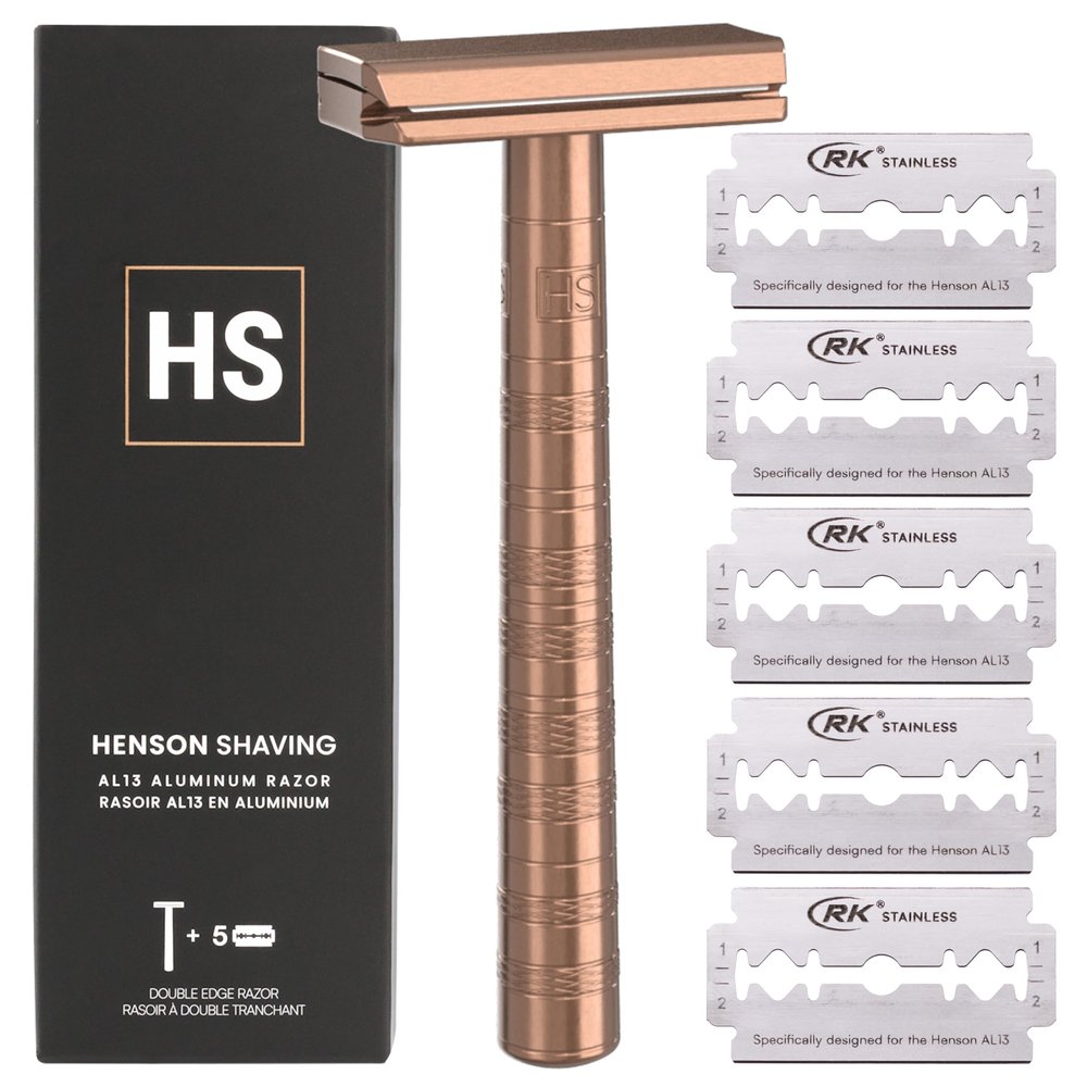 Henson Shaving Razor - Copper Double Edge Safety Razor with 5 Spare Blades - 30 Angled Precision With Superior Blade Rigidity- Reusable Single Blade Razors For Men and Women - Mild Aggression