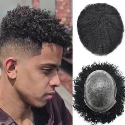 FACE MIRACLE Afro Toupee for Black Men 8"X10" Clear Poly Man Hair Piece Kinky Curly African American Male Hair Units Real Human Hair Mens Toupee Afro Wave (8mm afro wave, 1B# OFF BLACK)