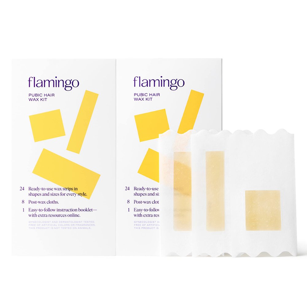 Flamingo Women Pubic Waxing Kit with 24 Wax Strips, 8 Post-Wax Cloths, Pack of 2