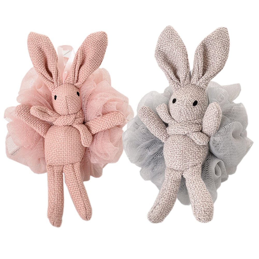 Kids Bath Loofah- 2 Pack Cute Animal Shaped Bath Luffa, Soft Mesh Pouf Shower Sponge Set for Baby & Toddler, Pink & Grey Reusable Travel lofa for Girls, Gentle Body Scrubber Wash for Women