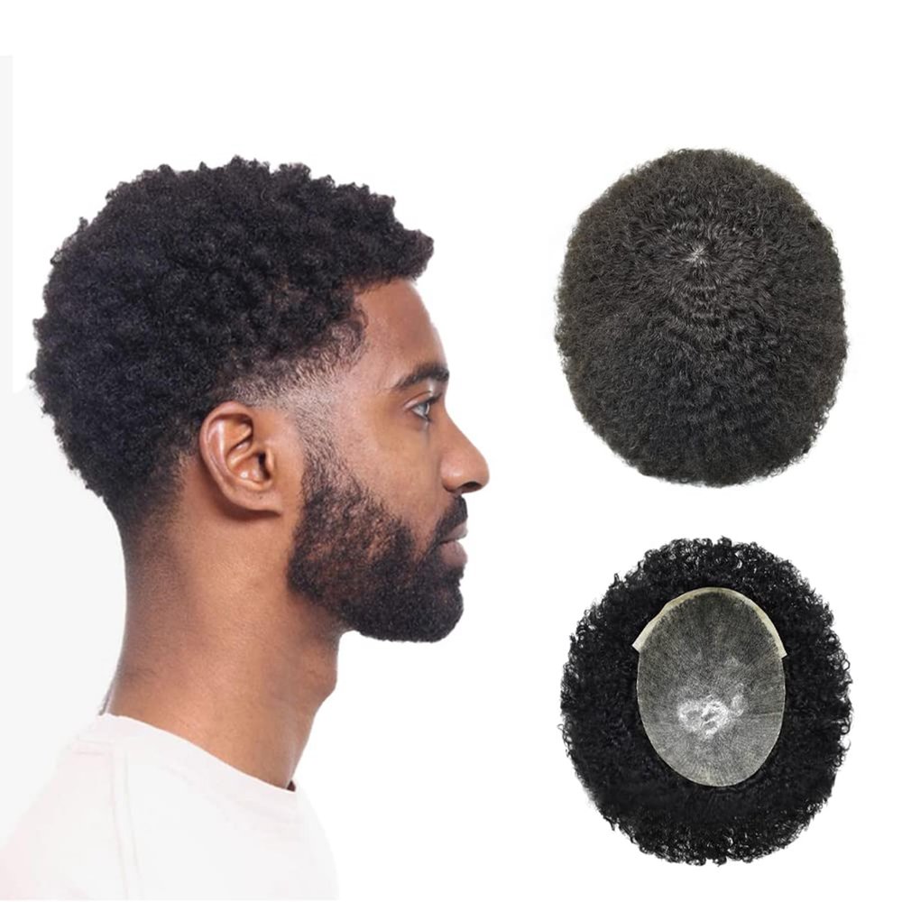 Afro Curly Toupee for Black Men Full Poly African American Curl Human Hair Systems Injected PU Coily Male Hairpiece PU Hair Units 6mm Wavy- 1# Jet Black