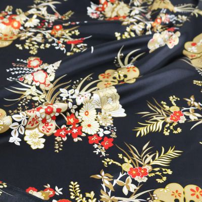 100cm*148cm Black Vintage Flowers Print Satin Fabric Soft Polyester Charmeuse Lining Cloth Scarf Pajamas Fabric Hairband Headwear Material (Color 10)