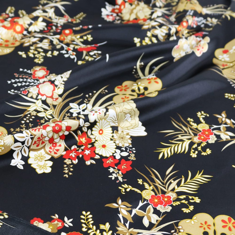 100cm*148cm Black Vintage Flowers Print Satin Fabric Soft Polyester Charmeuse Lining Cloth Scarf Pajamas Fabric Hairband Headwear Material (Color 10)