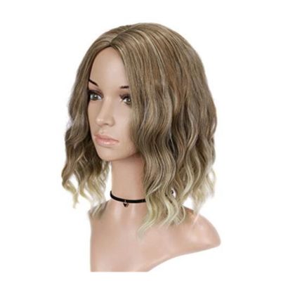 Ryakos Beautiful Wig Blonde Mix Brown Wave Shoulder Length Wig with Bangs for White Women Bob Wig Short Synthetic Hair for Party Use Daily Use Wigs (Color : As Shown)