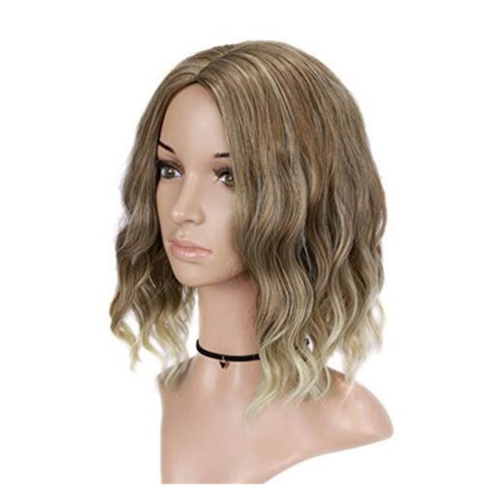 Ryakos Beautiful Wig Blonde Mix Brown Wave Shoulder Length Wig with Bangs for White Women Bob Wig Short Synthetic Hair for Party Use Daily Use Wigs (Color : As Shown)