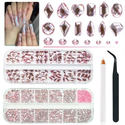 qiipii 3080Pcs Pink Nail Rhinestones 120 Multi Shapes Flatback Rhinestones Big Gems +2960 Light Pink Round Beads K9 Glass Stones Diamonds jewels Crystals for Nails Faces Eyes Makeup Clothes Crafts DIY