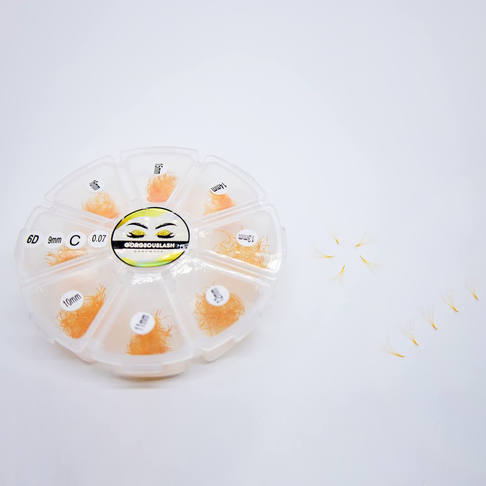 6D Color Lashes, 1000 Premade Volume Fans, Eyelash Extension. Handmade! (C Curl, Orange)