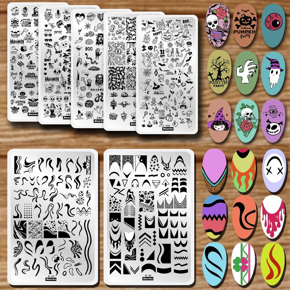 7Pcs Nail Stamping Plate Halloween Theme Nail Art Plates Swirl Line Nail Stamping Plates Skull Ghost French Tip Nail Stamp Plate Geometric Wave Stripes Snake Flower Nail Art Stamp Stencils Template