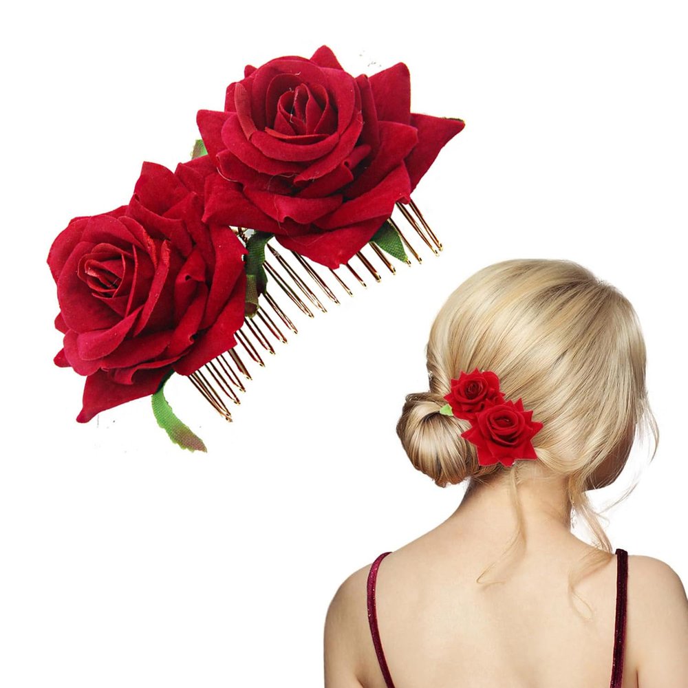 AKOAK 1 Pack Double Rose Hair Comb, Bride Hair Comb Women's Wedding Hair Accessories Bride Flamenco Dancer Hairstyle Girl Halloween Cosplay Party(Red)