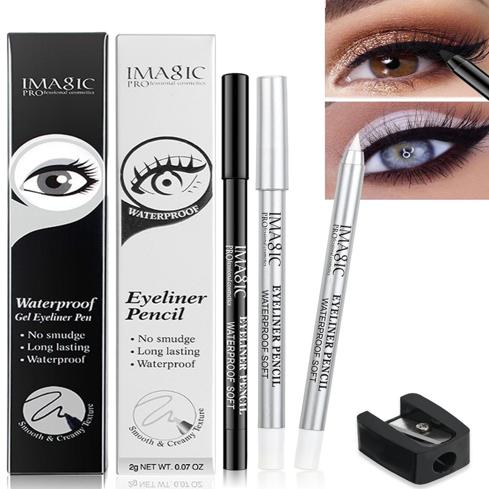 Black & White eye liners Gel pencil for women, White Highlighter Eye Liner Pencil,Matte waterproof Long Lasting Smooth formula Eye Liner Eyeshadow Makeup Pencil, with Sharpener,Gift Set for Women