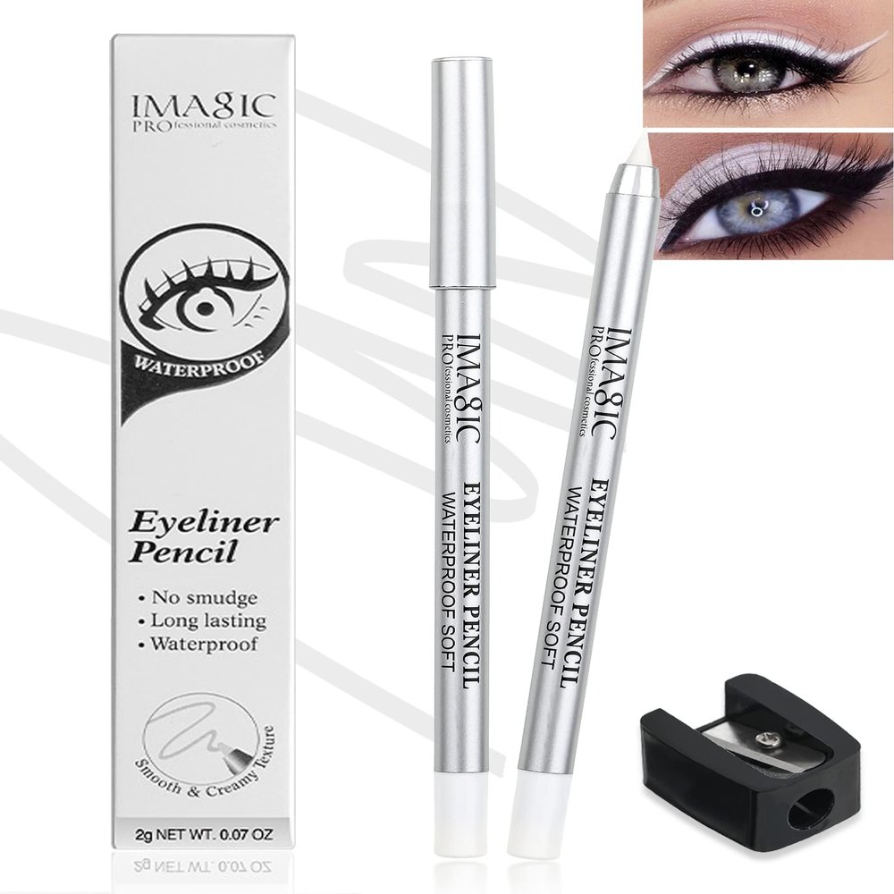 LYSdefeu White Waterproof Gel Eyeliner Pens, Highlighter Eye Liner Pencil, Matte Long Lasting Super Smooth formula Eye Liner Eyeshadow Makeup Pen, Polished White Luster, with Pencil Sharpener-1Pcs