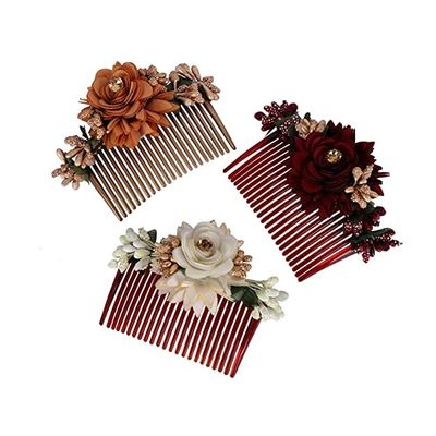 BBRATS Multicolour Pack of 3 Acrylic Comb Indo Western Embroidered Fancy Bridal Hair Clip/Side Pin/Comb Pin/Jooda Pin Hair Accessories with Cloth Rose Flower Embroidery for Women and Girls