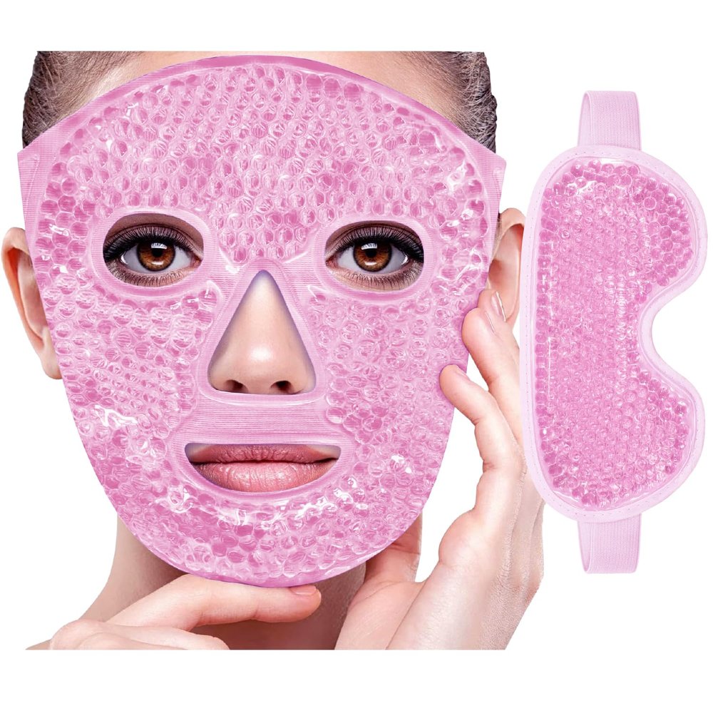 Ice Face Mask Reusable and Cold Gel Eye Mask for Puffiness, Dark Circles, Bags, Dry Eyes, Headaches, Migraines, Stress Relief - Ice Pack for Face (Pink)