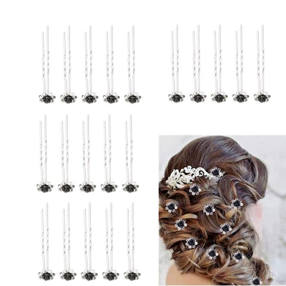 20 Pack Bridal Rose Flower Crystal Hair Pins for Women, U Shaped Hair Pins Bobby Pins Bun Hairpins for Wedding Bridal Women Hair Jewelry AccessoriesBlack