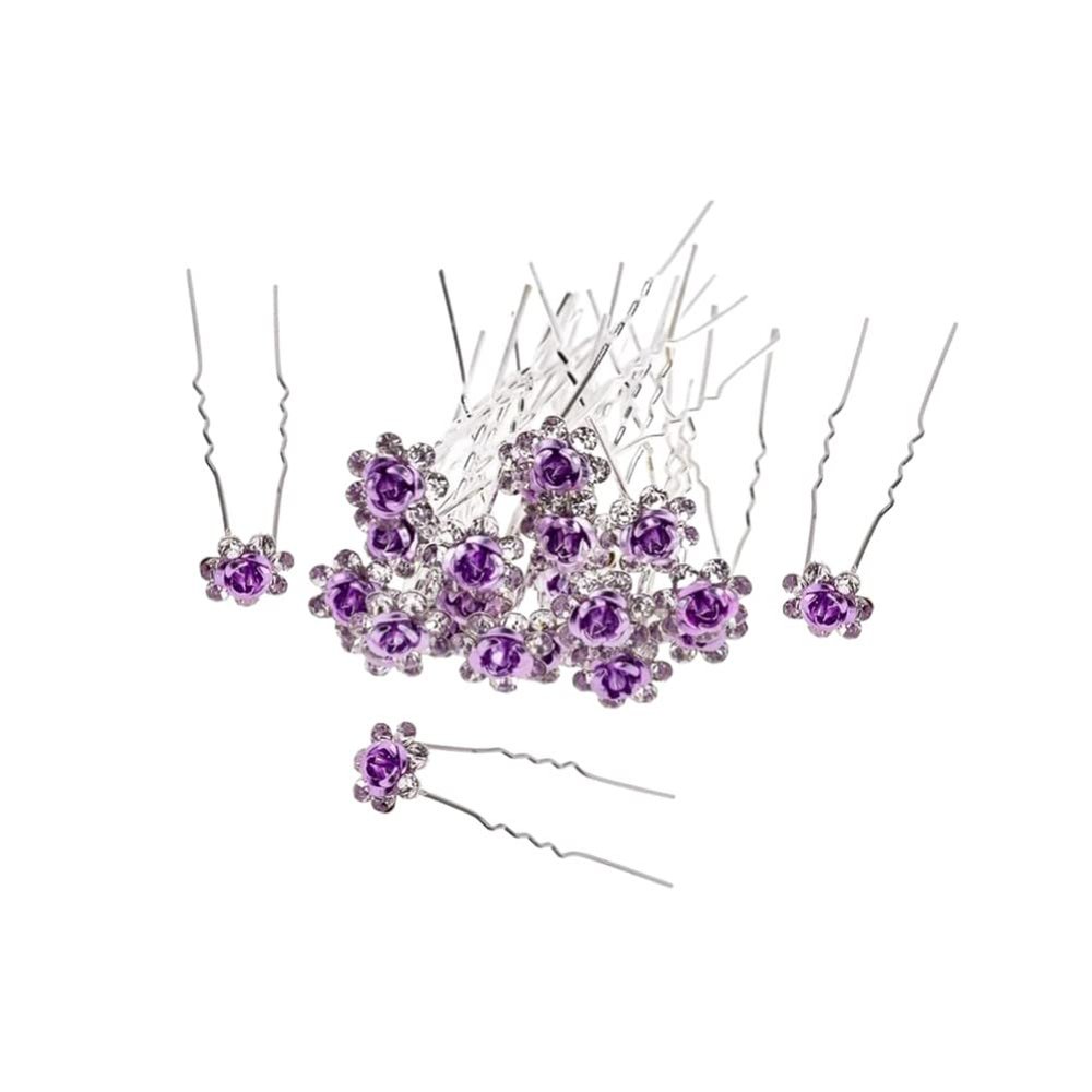 20 Pack Bridal Rose Flower Crystal Hair Pins for Wedding U-Shape Hair Clips Hairpins for Bride Women Hair Accessories Jewelry Barrettes HeadwearPurple