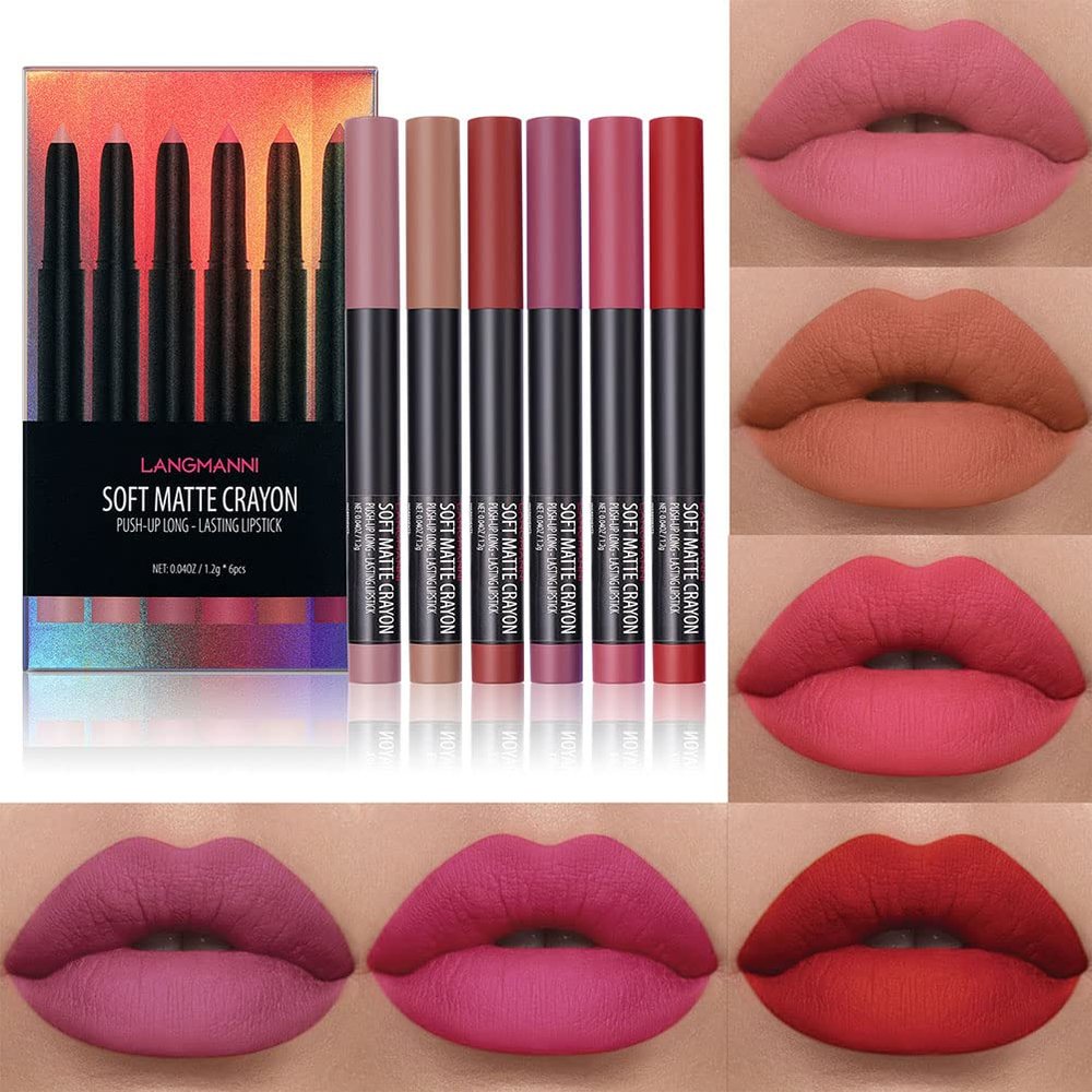 6 Pcs Matte Lipstick Set High Pigment Lip Crayon Waterproof Long Lasting Matte Lipsticks Non-Stick Cup Makeup Lipstick Crayons for Women