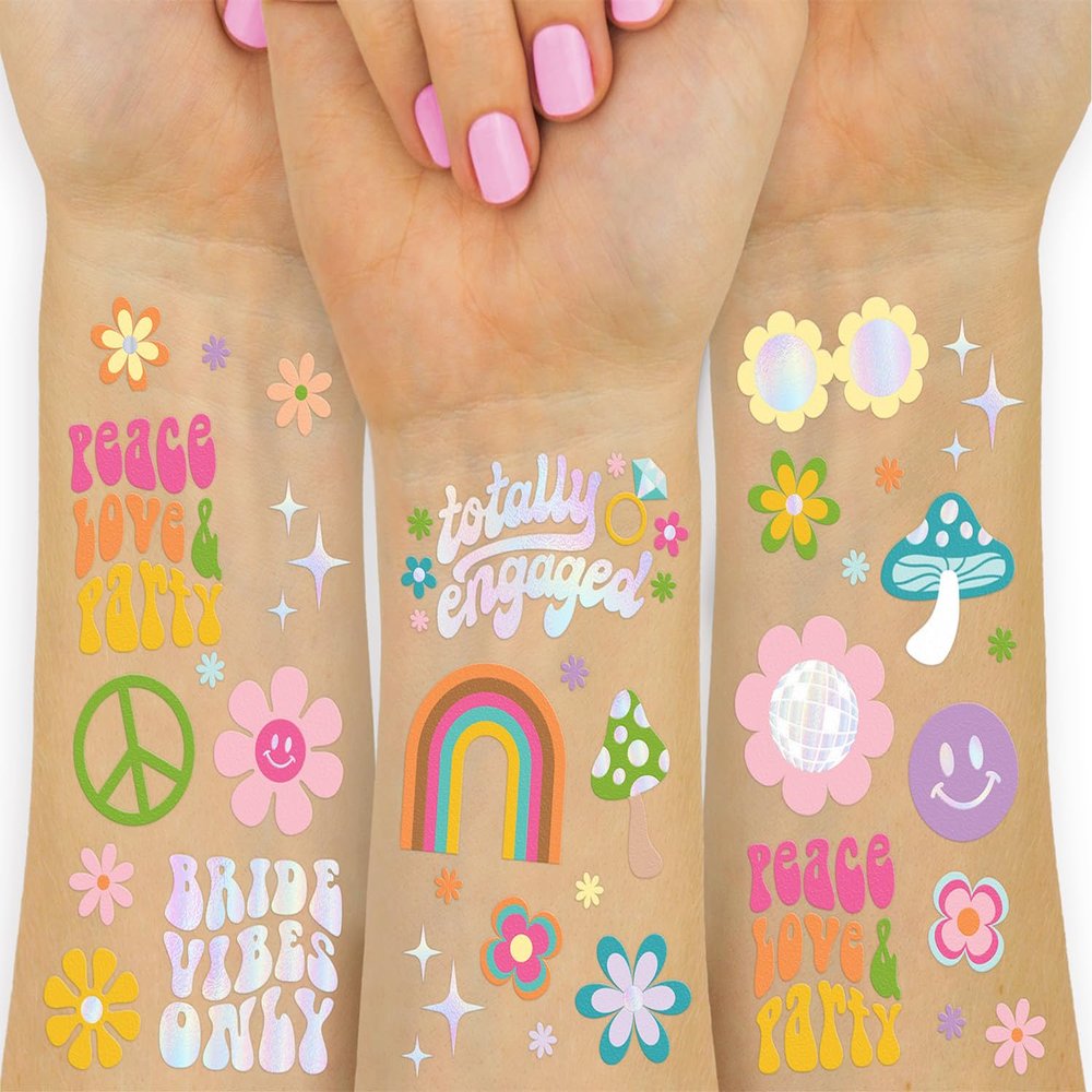 xo, Fetti Groovy Bachelorette Temporary Tattoos - 54 Foil Styles | 70's Bach Party Decoration, Bridesmaid Favor, Last Disco, Pastel Dazed Engaged