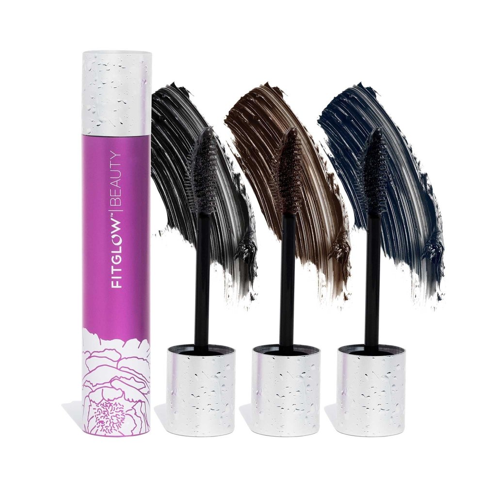 Fitglow Beauty Vegan Good Lash + Mascara Trio Gift Set | Volumizing Lengthening & Conditioning Eyelash Mascara Kit | Natural Lash Serum | Reduces Shedding & Breakage | 3 Pack - Black, Brown, Rich Navy