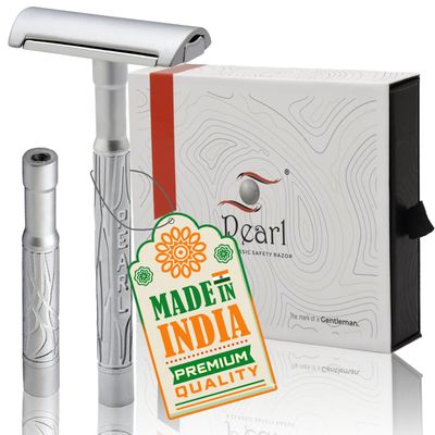 Pearl K2 Dual handle Double Edge Safety Razor made with Brass Metal Handle - New Premium Razor with two handle (long & short) and 10 Premium Stainless Steel Blades for smooth & Irritation-free shave