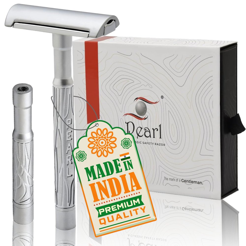Pearl K2 Dual handle Double Edge Safety Razor made with Brass Metal Handle - New Premium Razor with two handle (long & short) and 10 Premium Stainless Steel Blades for smooth & Irritation-free shave