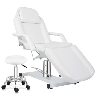 OmySalon Hydraulic Tattoo Chair Esthetician Bed w/Stool, Multi-Purpose 3-Section Facial Bed Table, Adjustable Beauty Salon Spa Massage Beauty Equipment, White