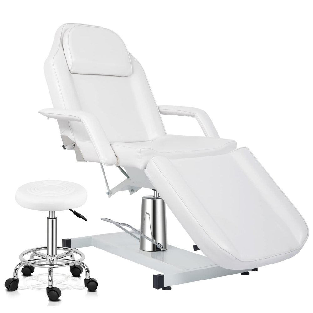 OmySalon Hydraulic Tattoo Chair Esthetician Bed w/Stool, Multi-Purpose 3-Section Facial Bed Table, Adjustable Beauty Salon Spa Massage Beauty Equipment, White